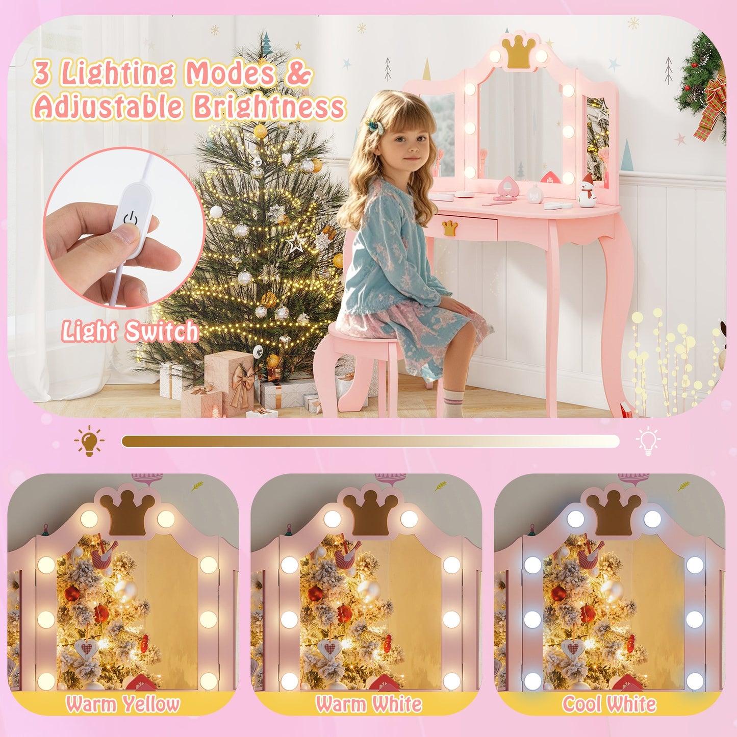 Kids Vanity Set With Tri-Fold Lighted Mirror, Detachable Top, Stool, Pink Kids Vanities at Gallery Canada