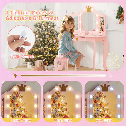 Kids Vanity Set With Tri-Fold Lighted Mirror, Detachable Top, Stool, Pink Kids Vanities at Gallery Canada
