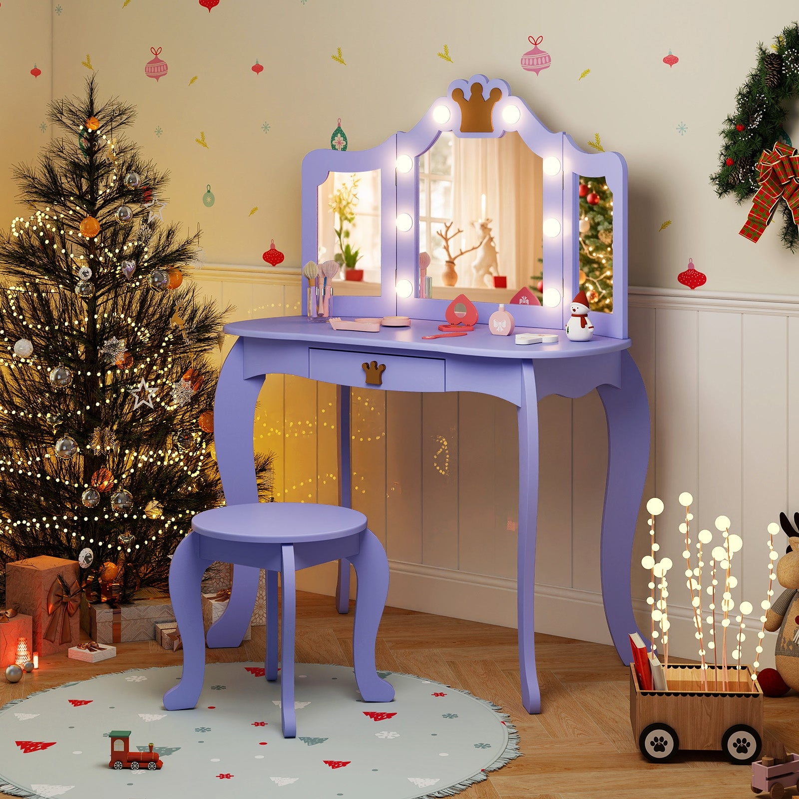 Kids Vanity Set With Tri-Fold Lighted Mirror, Purple Kids Vanities at Gallery Canada