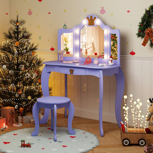 Kids Vanity Set With Tri-Fold Lighted Mirror, Purple
