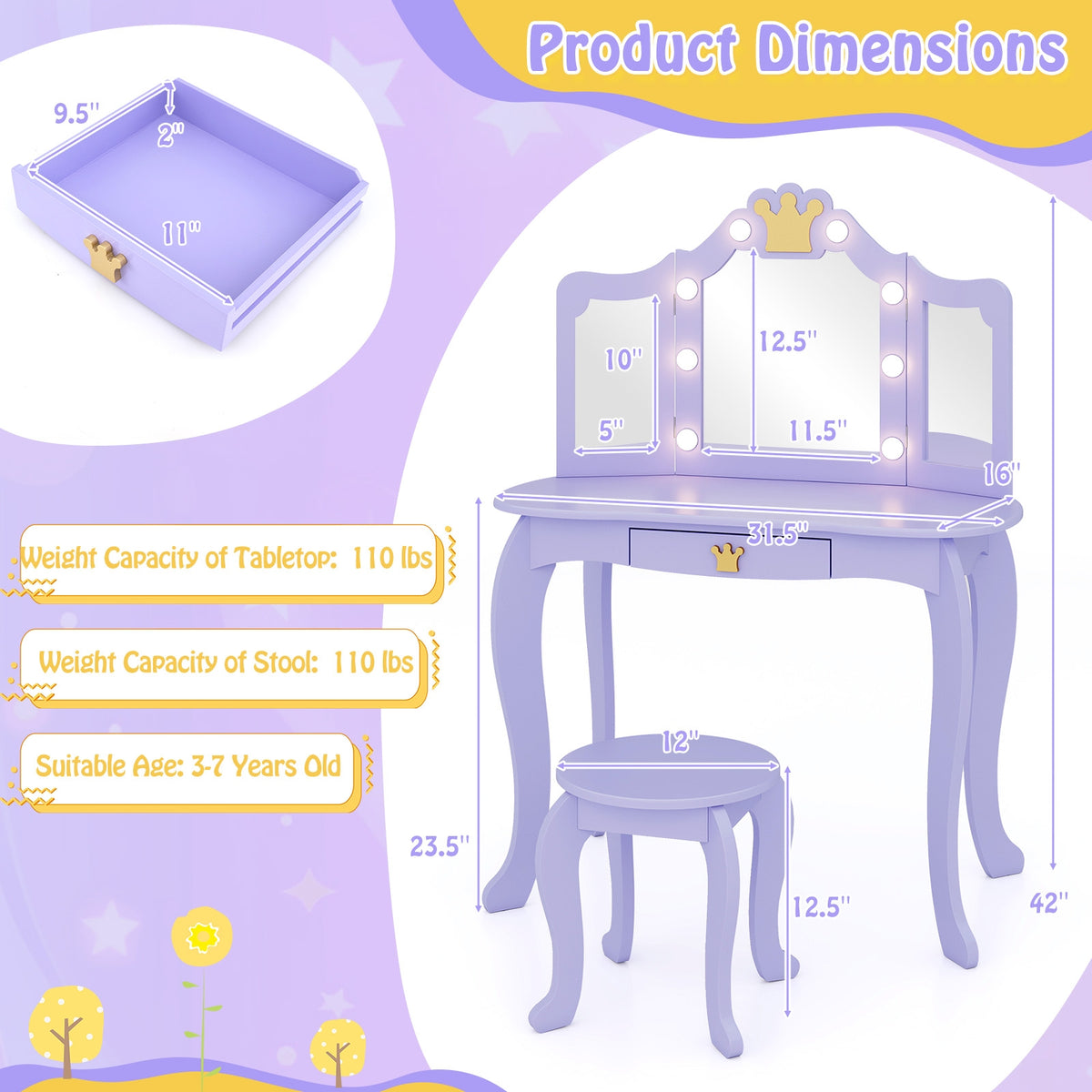 Kids Vanity Set With Tri-Fold Lighted Mirror, Purple Kids Vanities at Gallery Canada