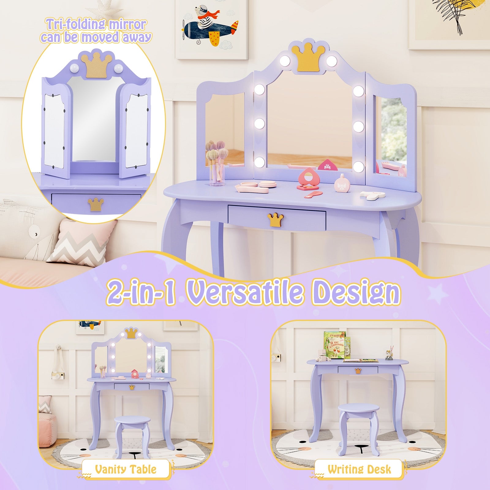 Kids Vanity Set With Tri-Fold Lighted Mirror, Purple Kids Vanities at Gallery Canada