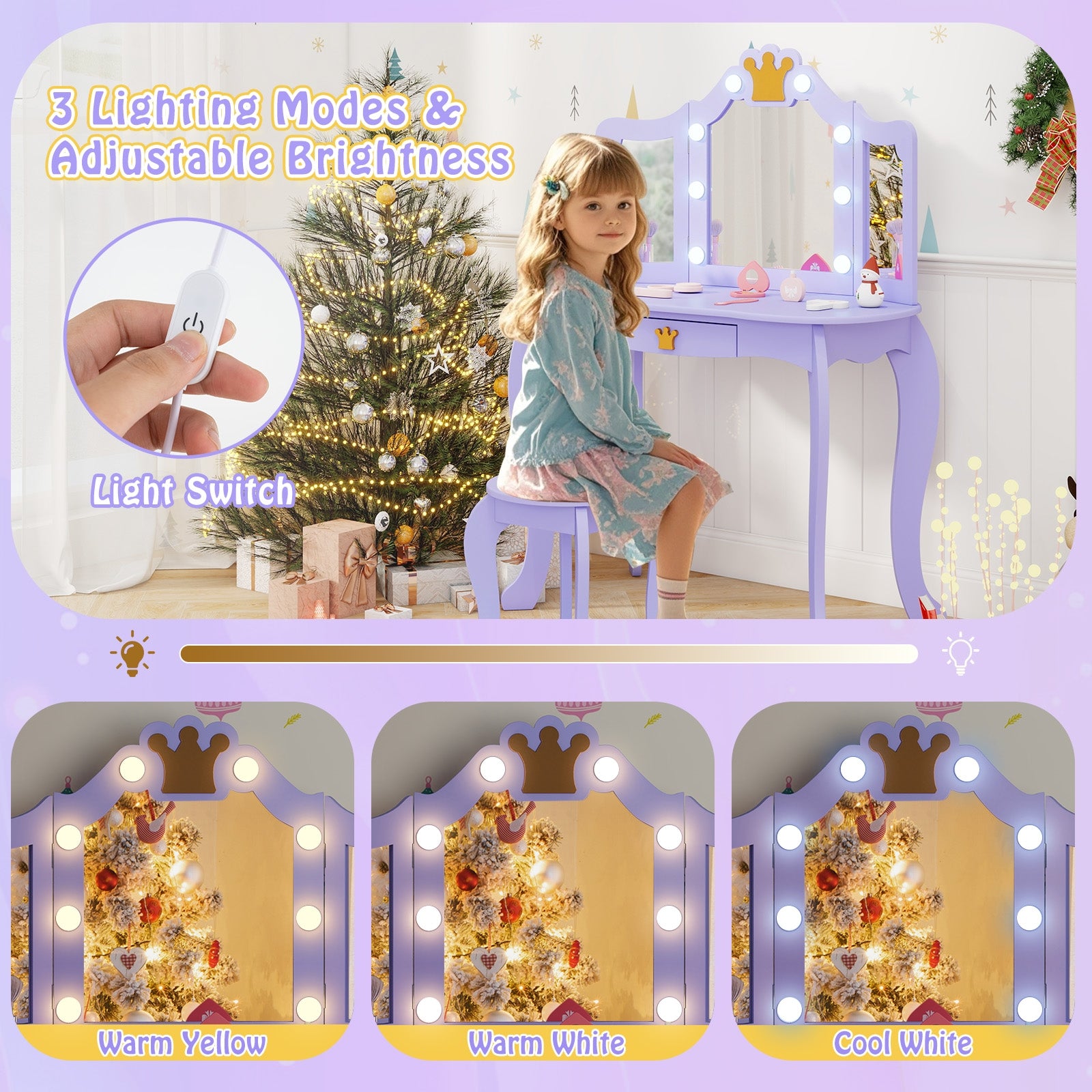 Kids Vanity Set With Tri-Fold Lighted Mirror, Purple Kids Vanities at Gallery Canada