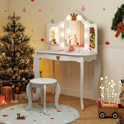 Kids Vanity Set With Tri-Fold Lighted Mirror, White
