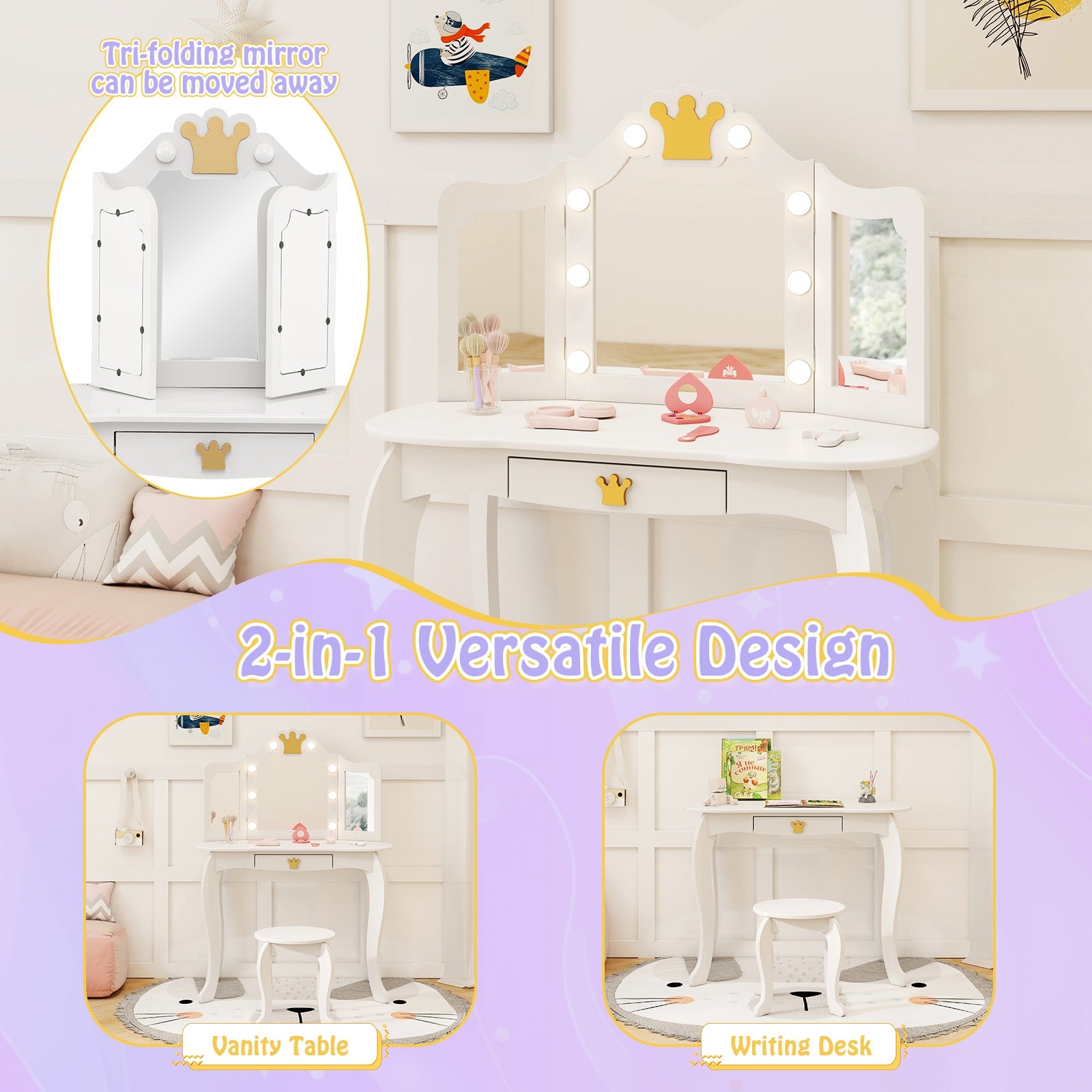 Kids Vanity Set With Tri-Fold Lighted Mirror, White Kids Vanities at Gallery Canada