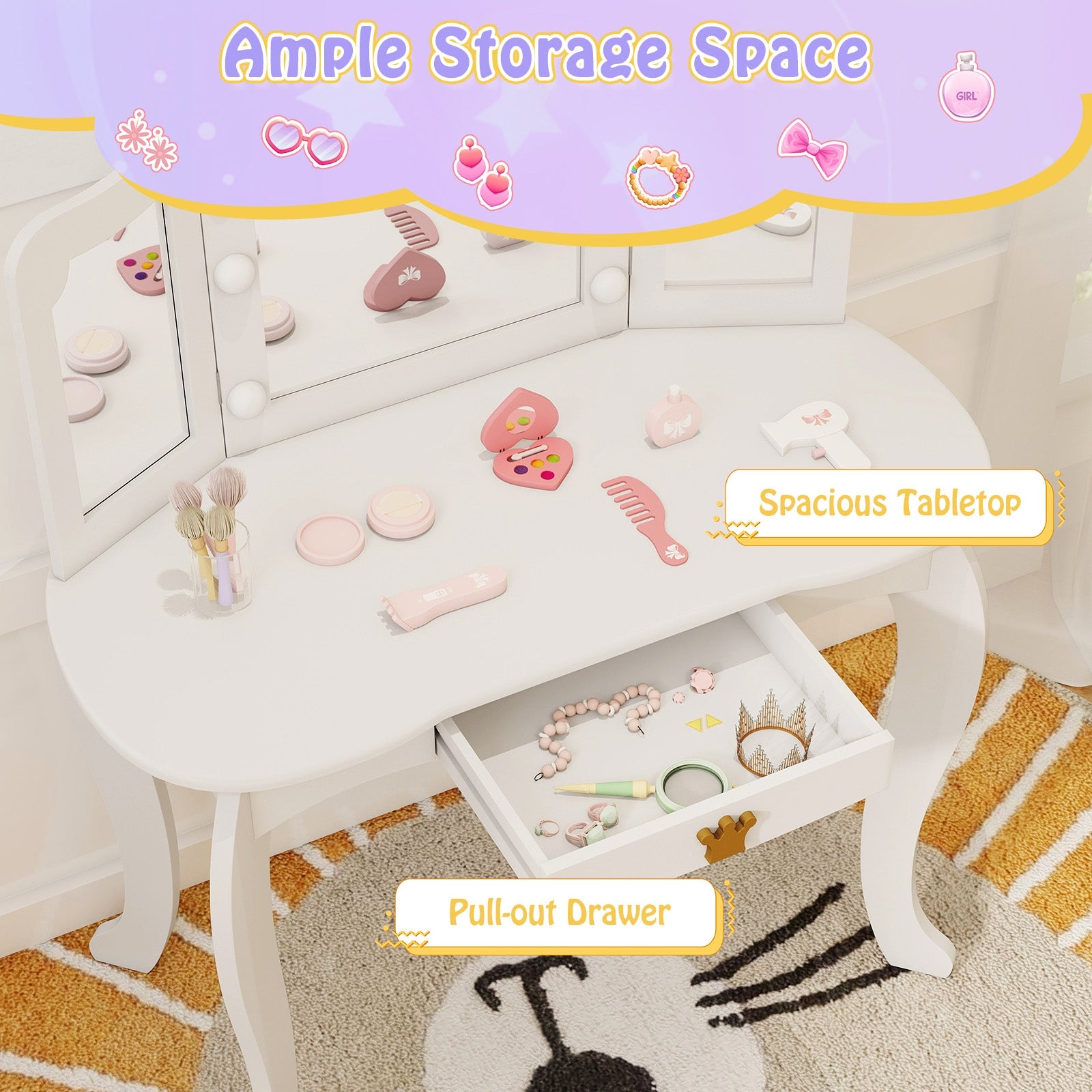 Kids Vanity Set With Tri-Fold Lighted Mirror, White Kids Vanities at Gallery Canada