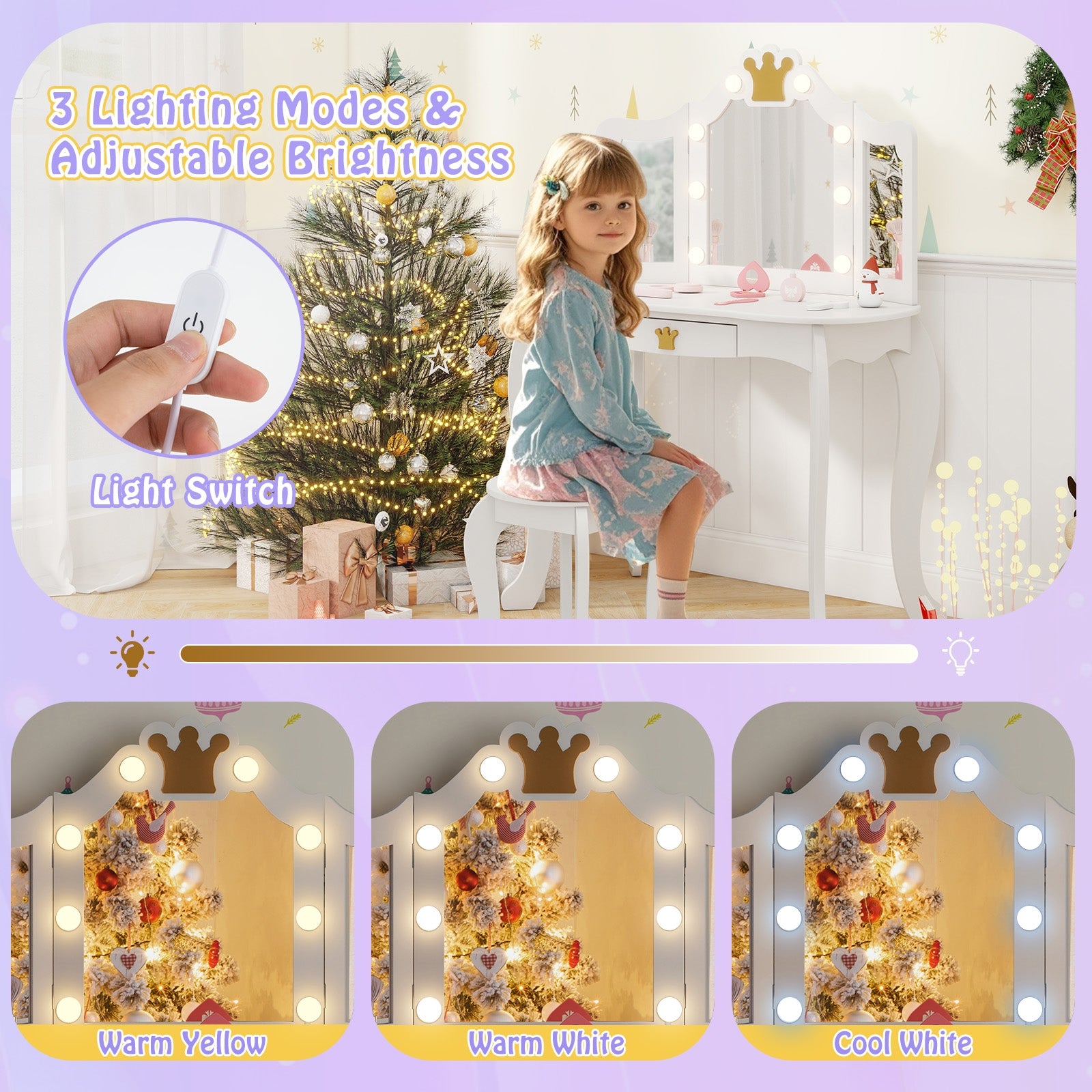 Kids Vanity Set With Tri-Fold Lighted Mirror, White Kids Vanities at Gallery Canada