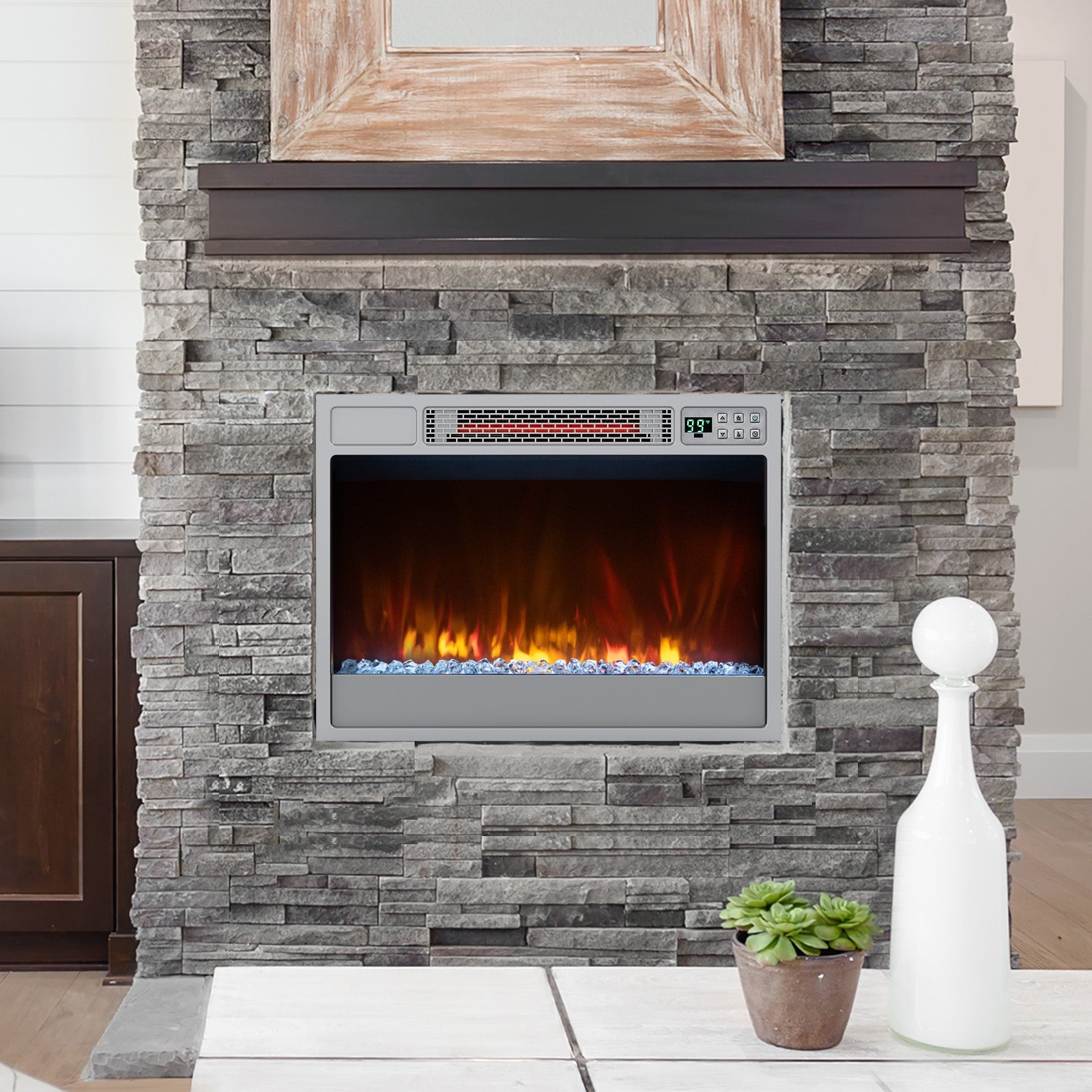 23 Inch 1500W Recessed Electric Fireplace Insert, Remote Control, Silver Fireplaces at Gallery Canada