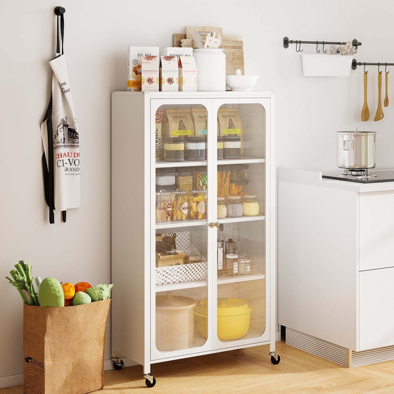 58 Inches Bookcase, Adjustable Shelves, Lockable Wheels, White Bookcases at Gallery Canada
