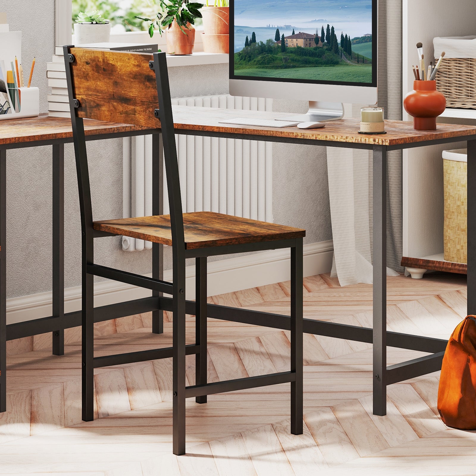 Industrial Kitchen Side Chairs, Set of 2, Metal Legs, Slanted Back, Brown Dining Chairs at Gallery Canada