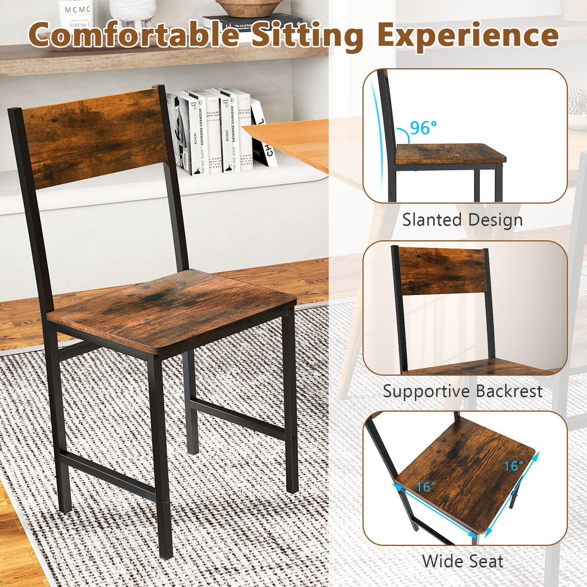 Industrial Kitchen Side Chairs, Set of 2, Metal Legs, Slanted Back, Brown Dining Chairs at Gallery Canada