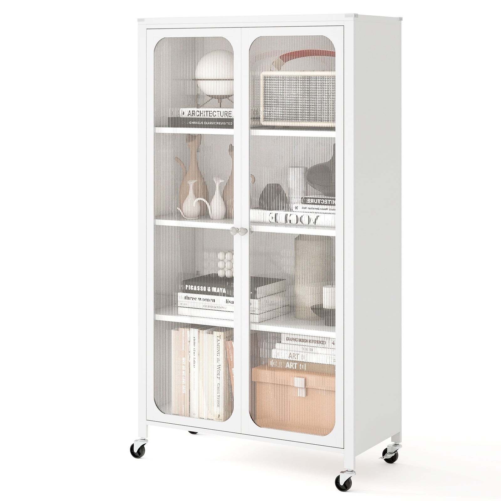 58 Inches Bookcase, Adjustable Shelves, Lockable Wheels, White Bookcases White at Gallery Canada