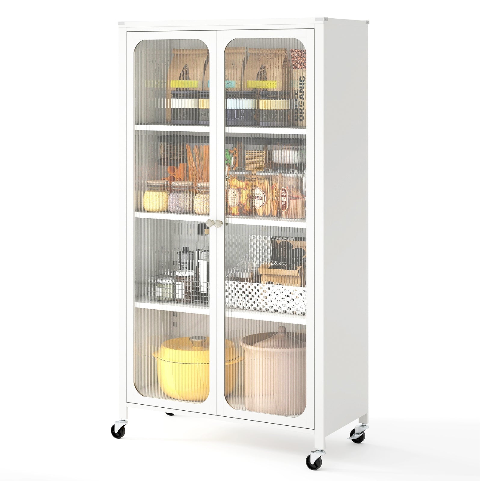 58 Inches Bookcase, Adjustable Shelves, Lockable Wheels, White Bookcases at Gallery Canada