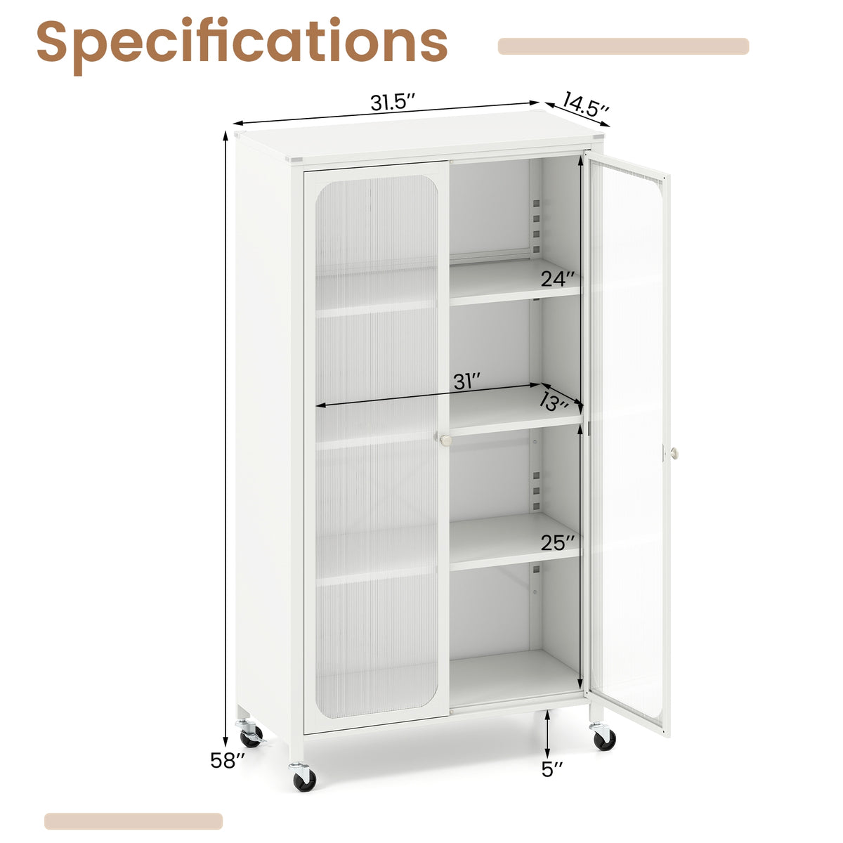 58 Inches Bookcase, Adjustable Shelves, Lockable Wheels, White Bookcases at Gallery Canada