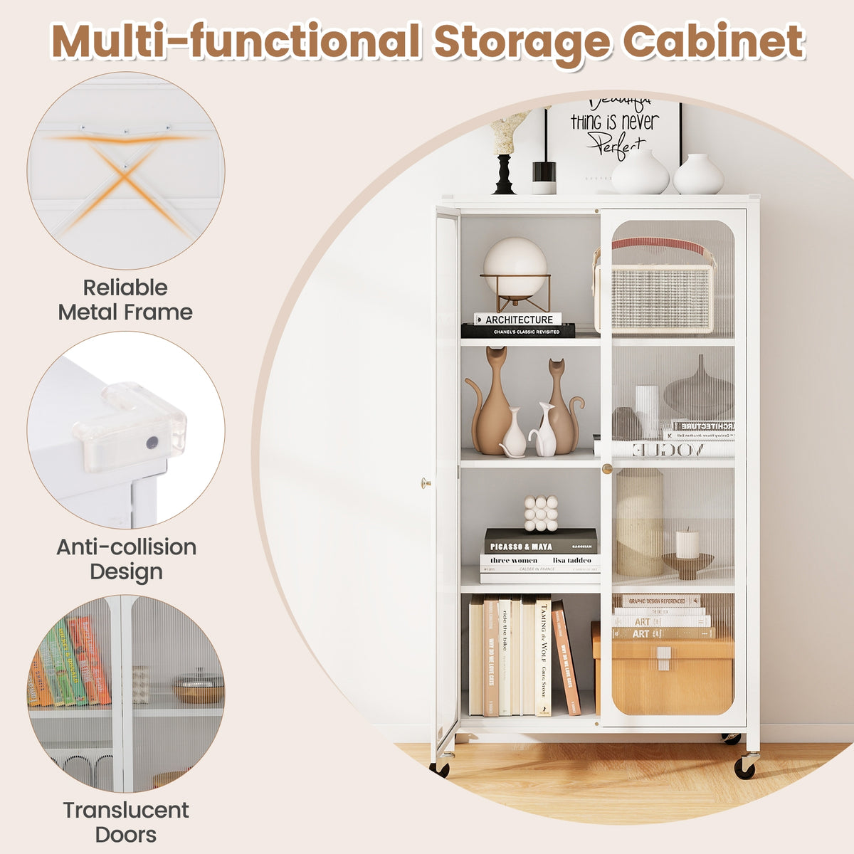 58 Inches Bookcase, Adjustable Shelves, Lockable Wheels, White Bookcases at Gallery Canada