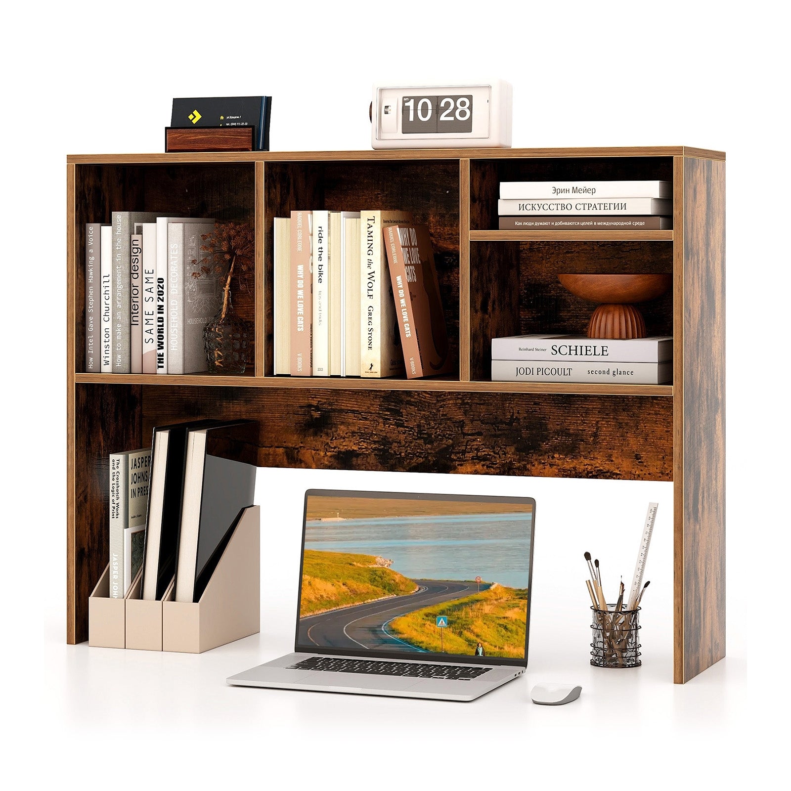 Computer Desktop Bookcase, 4 Cubbies, Open Back Compartment, Coffee Bookcases at Gallery Canada