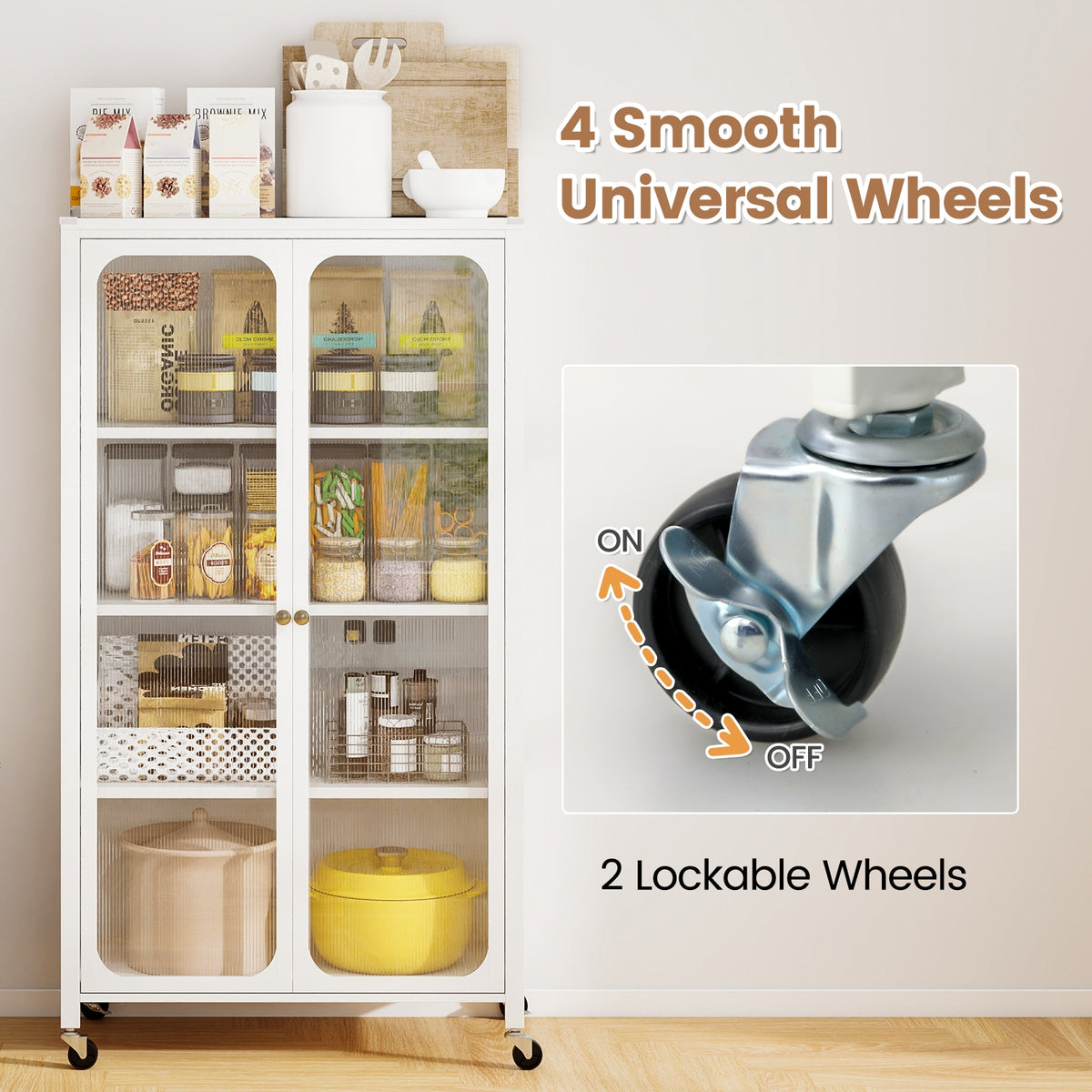 58 Inches Bookcase, Adjustable Shelves, Lockable Wheels, White Bookcases at Gallery Canada