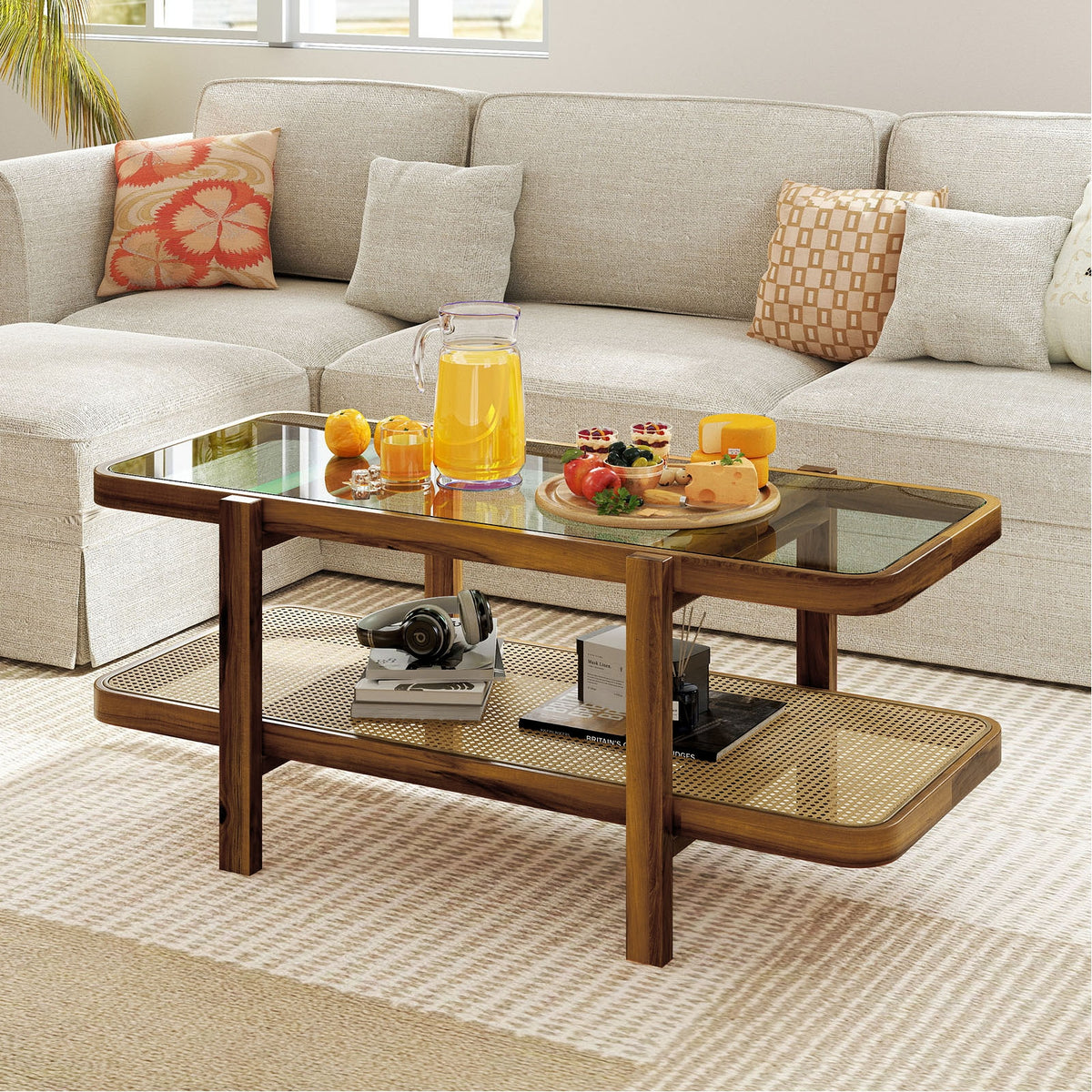 2-Tier Coffee Table With Storage, Tempered Glass Tabletop, Brown Coffee Tables at Gallery Canada