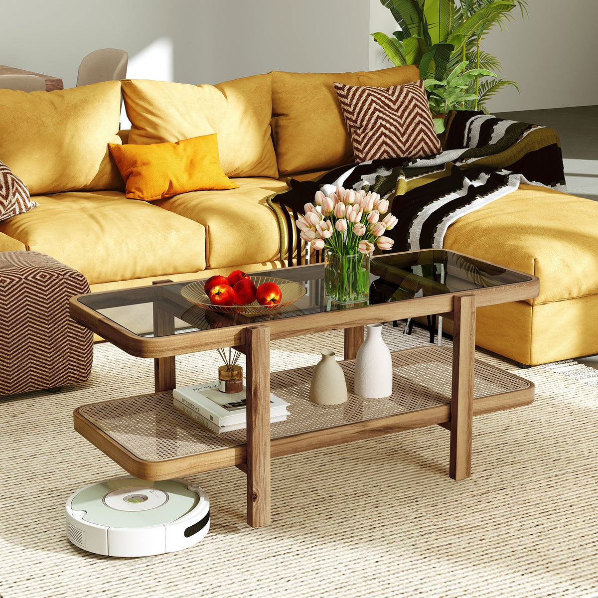 2-Tier Coffee Table With Storage, Tempered Glass Tabletop, Brown Coffee Tables at Gallery Canada