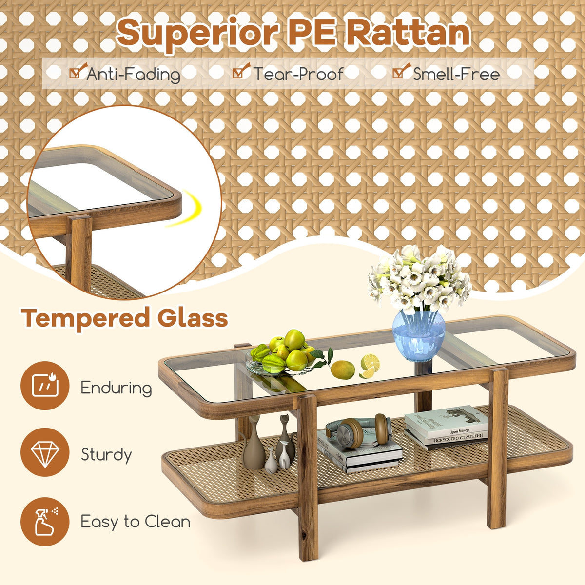 2-Tier Coffee Table With Storage, Tempered Glass Tabletop, Brown Coffee Tables at Gallery Canada