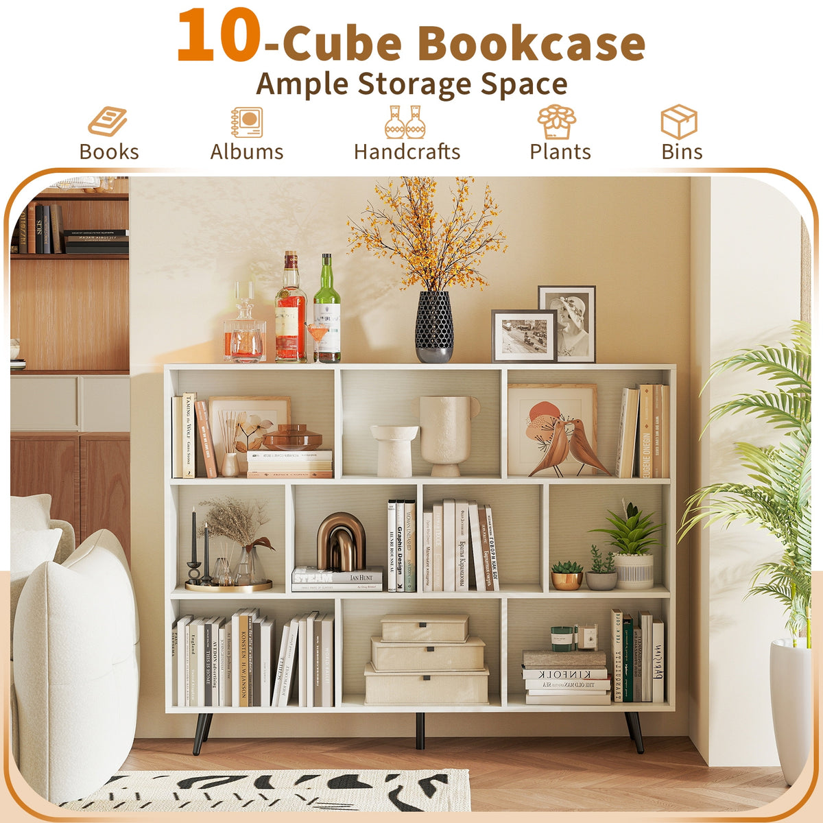 8/10-Cube Bookcase, 5 Tapered Metal Legs, Off White Bookcases at Gallery Canada