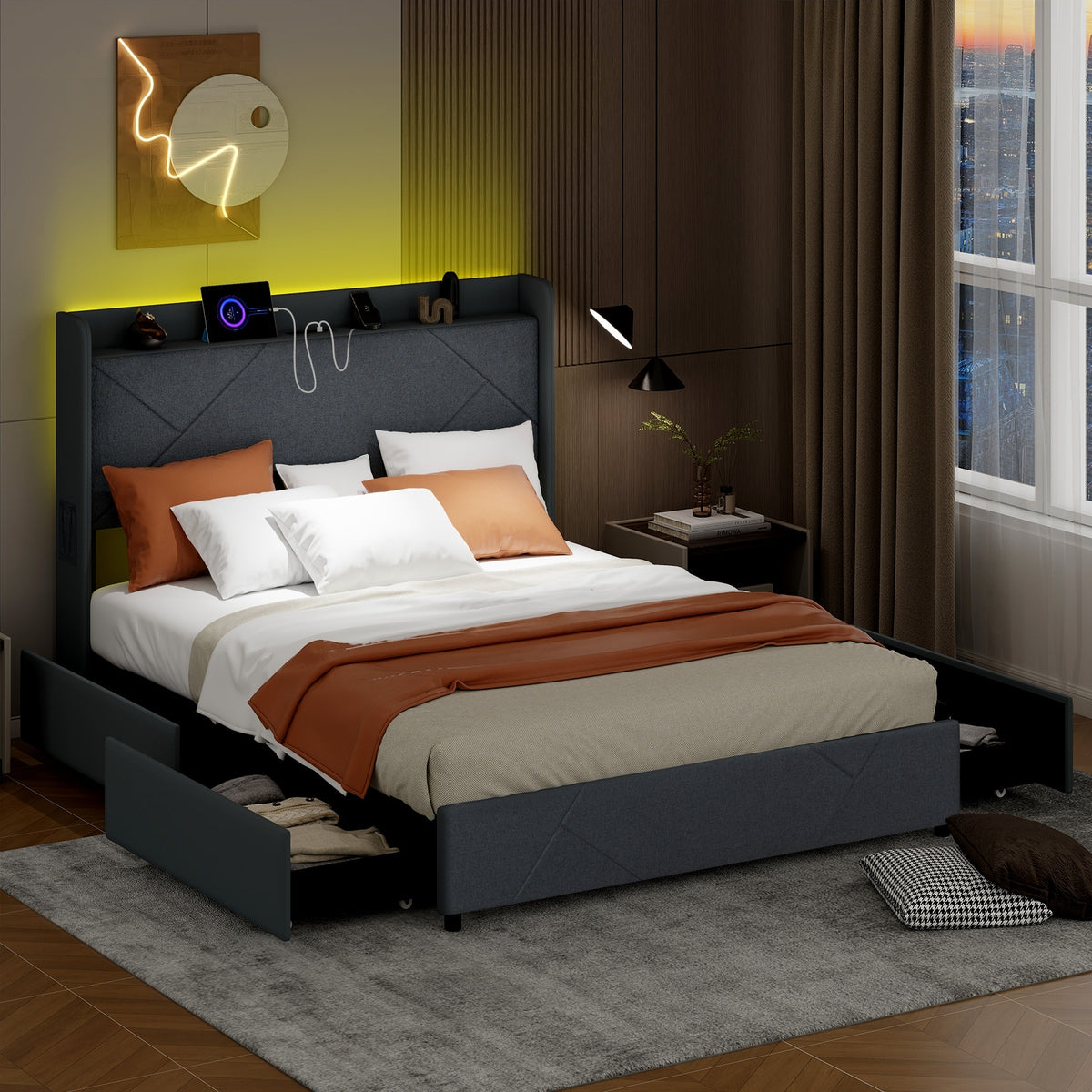 Queen Size Bed Frame With LED Lights, Charging Station, Gray Simple Bed Frame at Gallery Canada