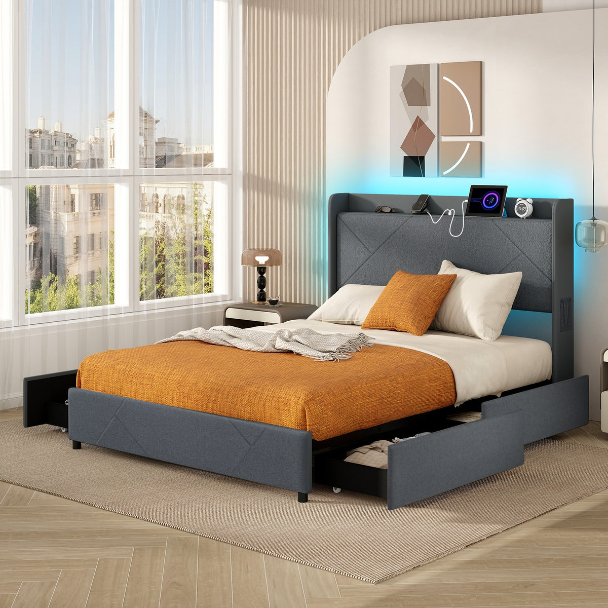 Queen Size Bed Frame With LED Lights, Charging Station, Gray Simple Bed Frame at Gallery Canada