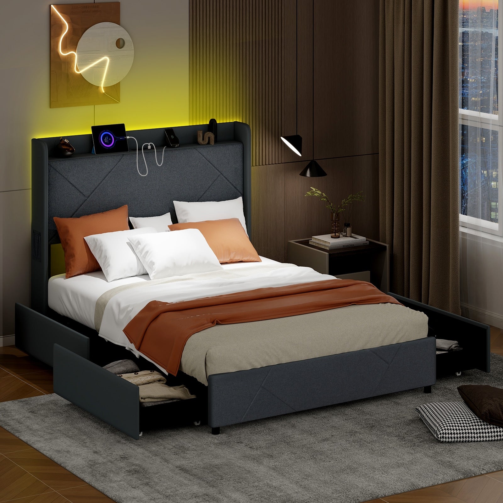 Full Size Bed Frame With LED Lights, Charging Station, Gray Simple Bed Frame at Gallery Canada