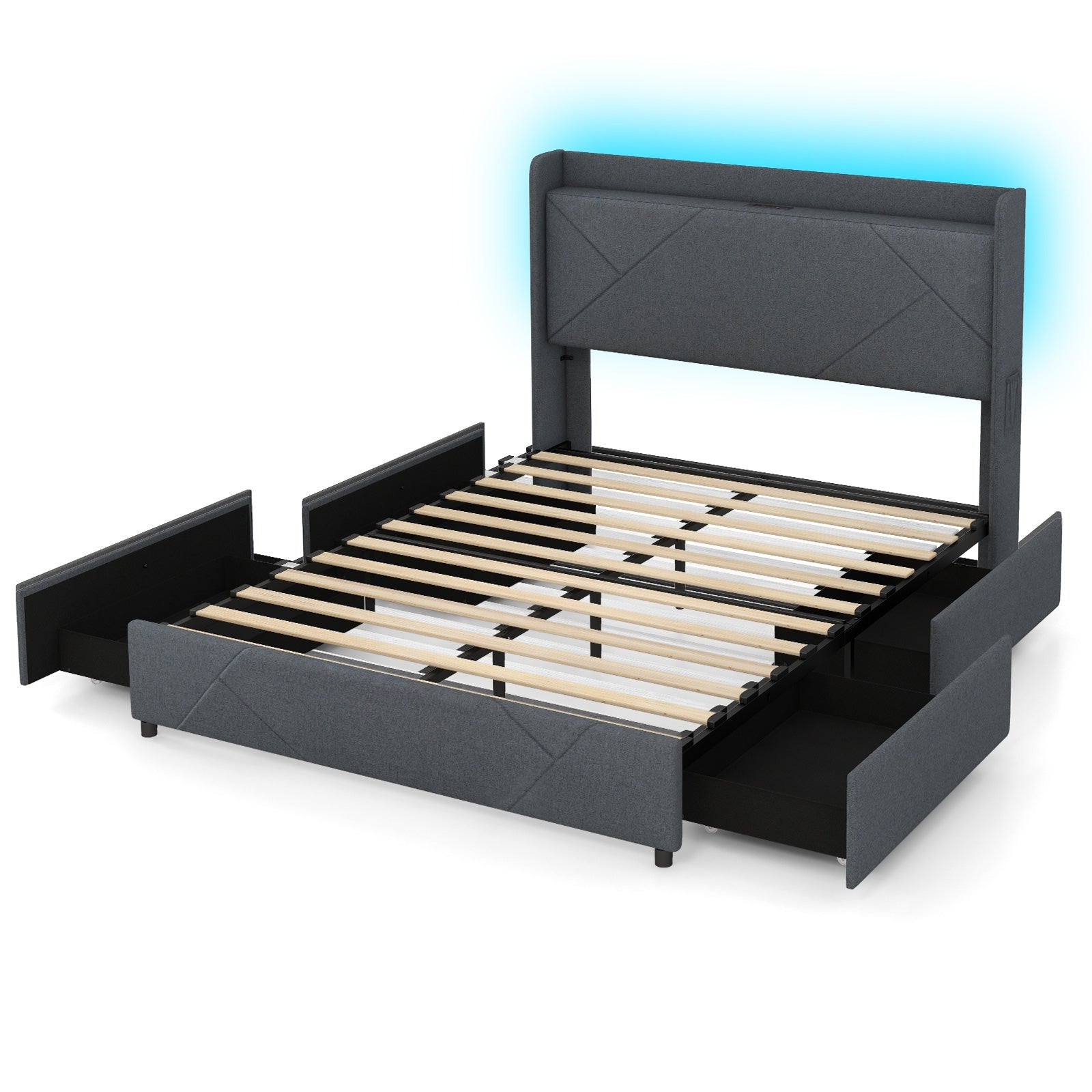 Queen Size Bed Frame With LED Lights, Charging Station, Gray Simple Bed Frame Gray at Gallery Canada