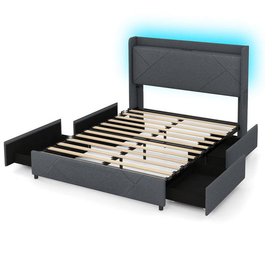 Queen Size Bed Frame With LED Lights, Charging Station, Gray Simple Bed Frame Gray at Gallery Canada