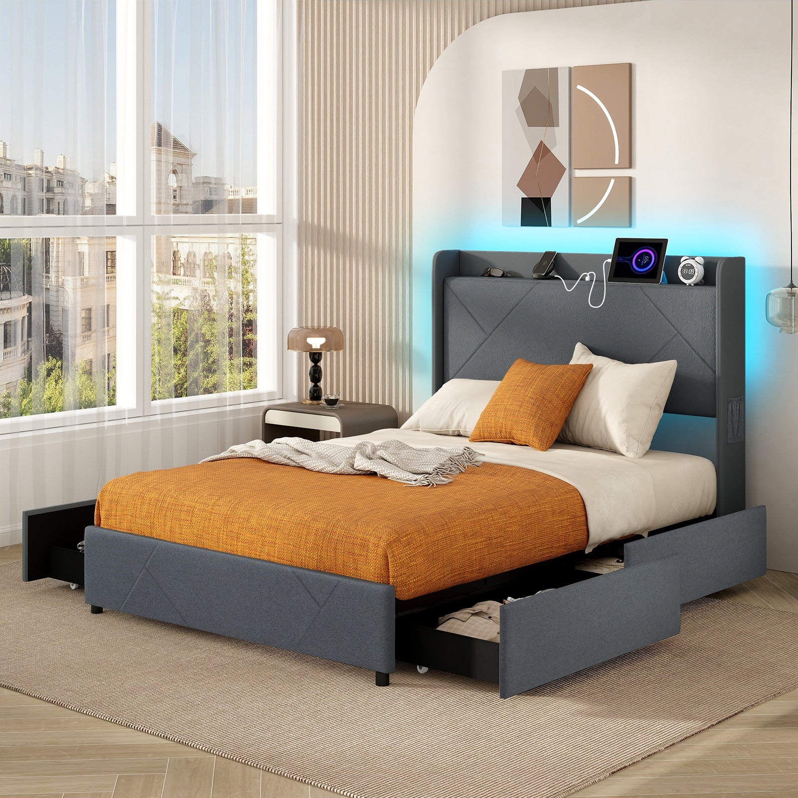 Full Size Bed Frame With LED Lights, Charging Station, Gray Simple Bed Frame at Gallery Canada