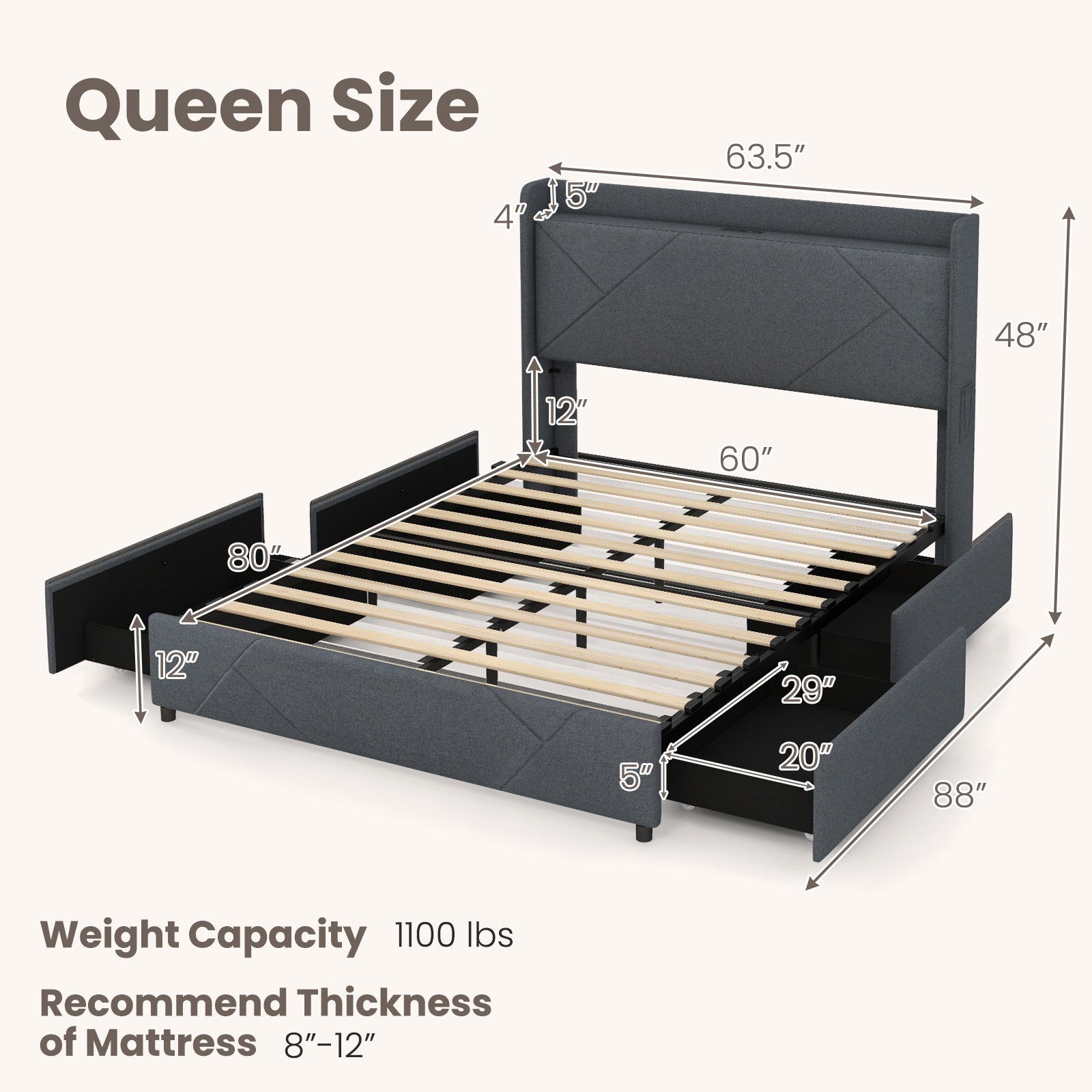 Queen Size Bed Frame With LED Lights, Charging Station, Gray Simple Bed Frame at Gallery Canada