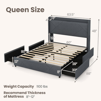 Queen Size Bed Frame With LED Lights, Charging Station, Gray Simple Bed Frame at Gallery Canada