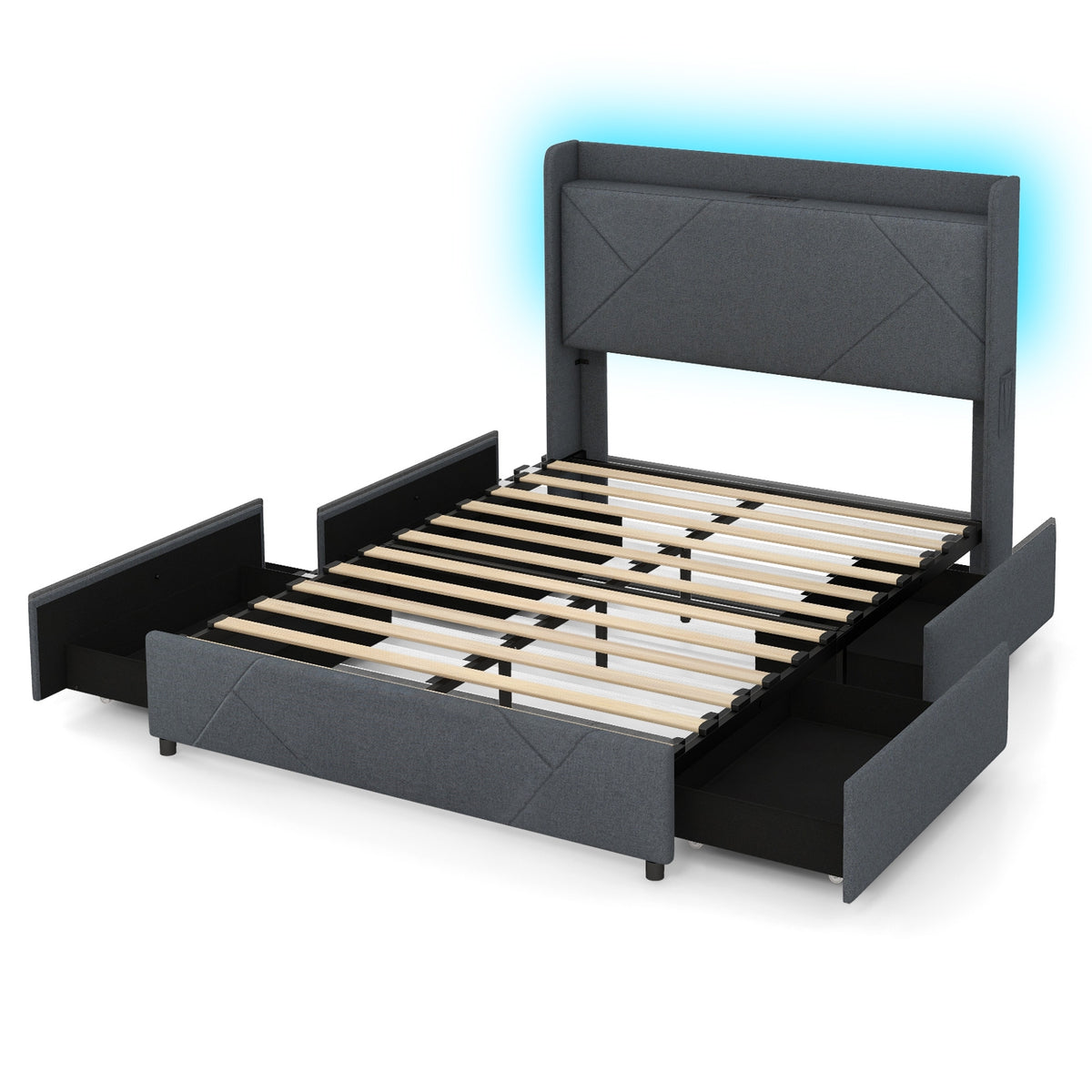 Full Size Bed Frame With LED Lights, Charging Station, Gray Simple Bed Frame at Gallery Canada