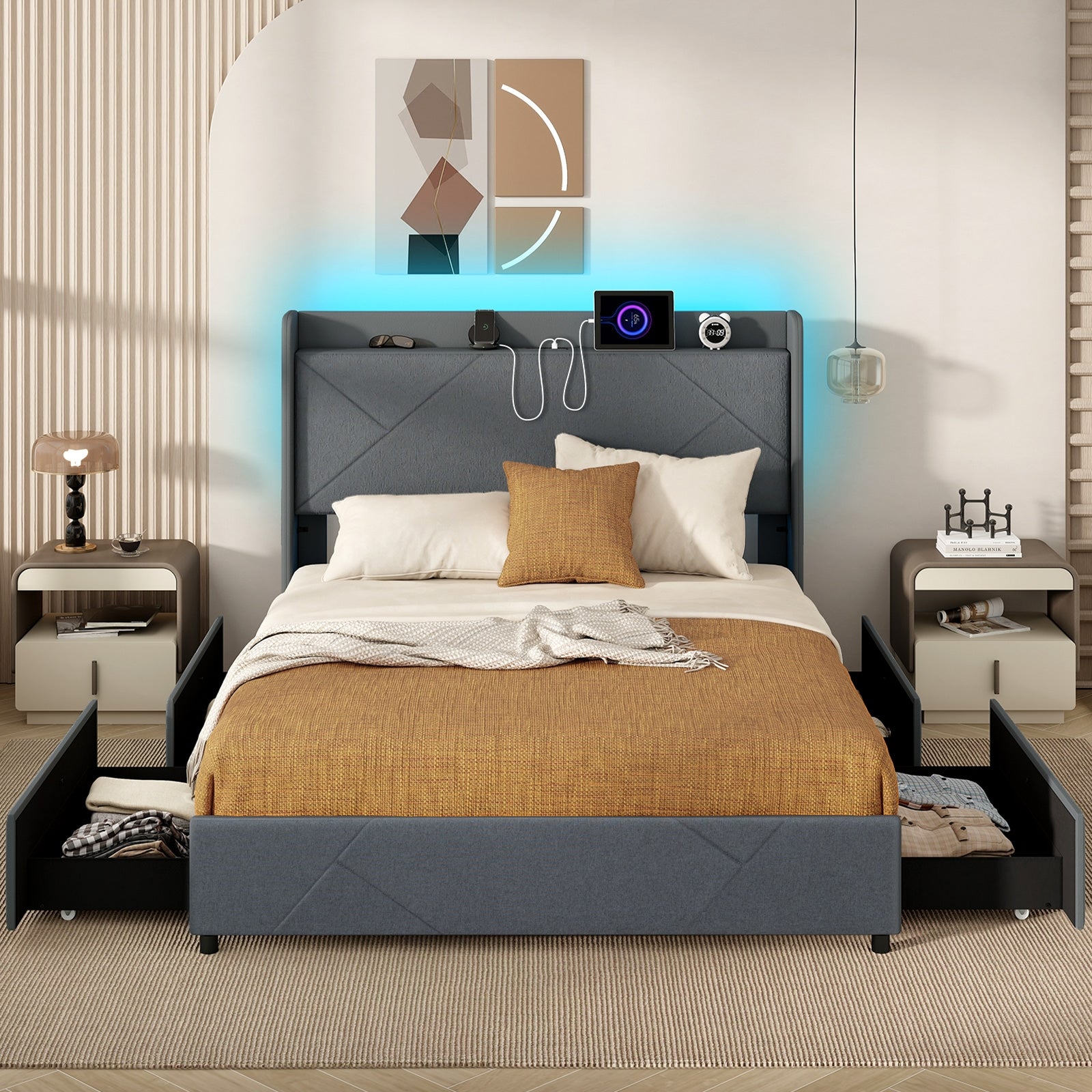 Queen Size Bed Frame With LED Lights, Charging Station, Gray Simple Bed Frame at Gallery Canada
