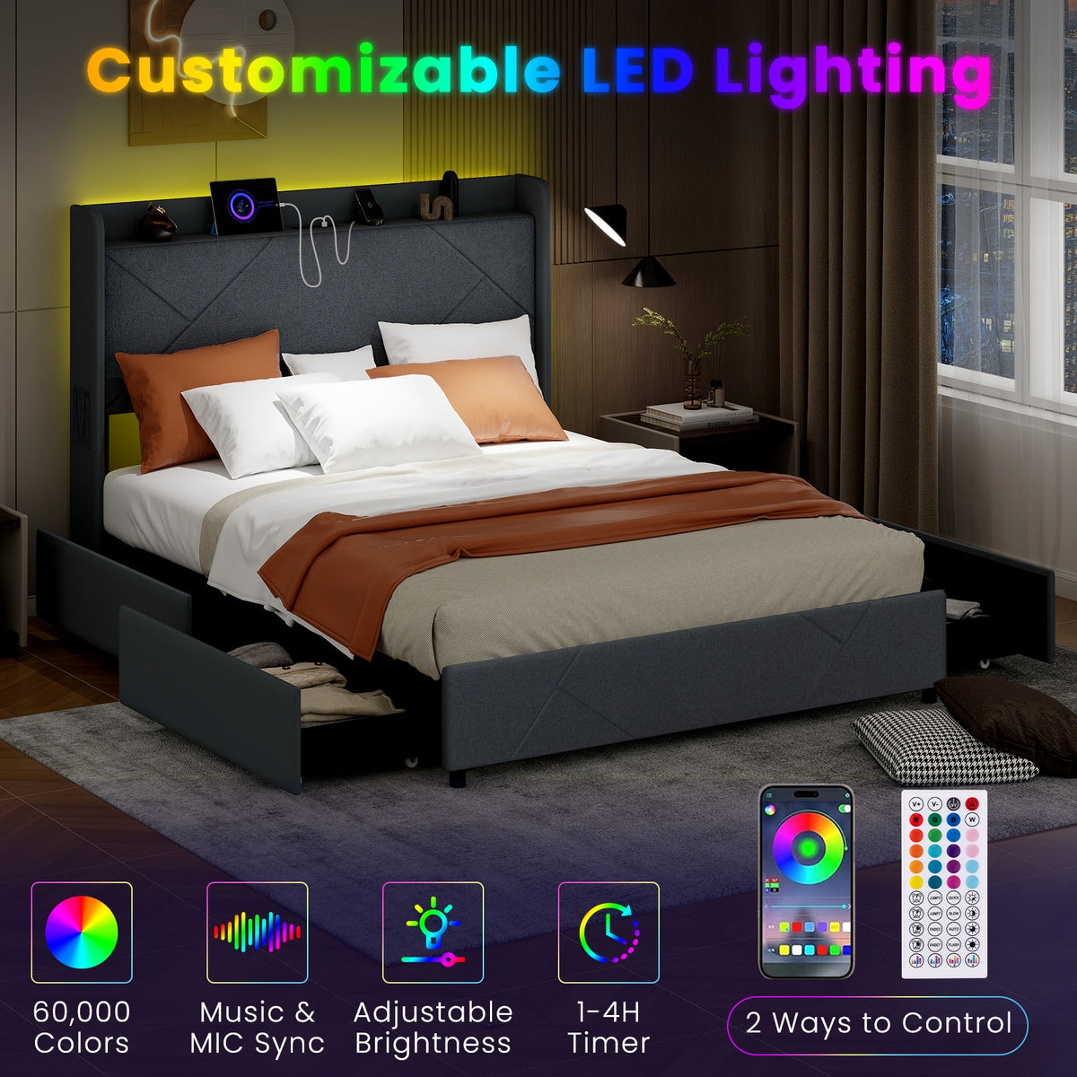 Queen Size Bed Frame With LED Lights, Charging Station, Gray Simple Bed Frame at Gallery Canada