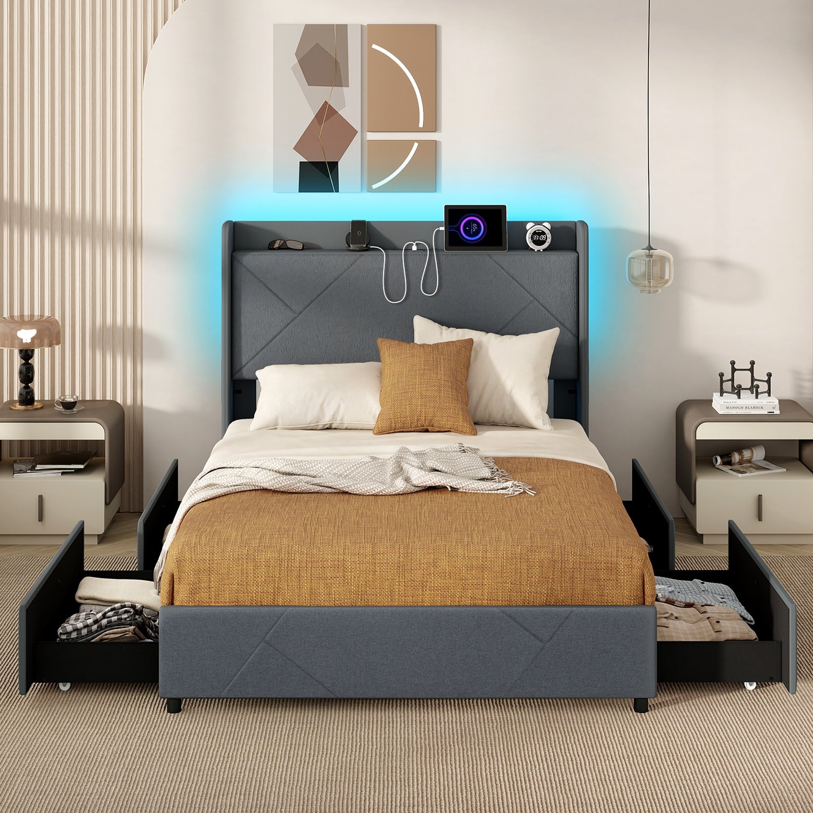 Full Size Bed Frame With LED Lights, Charging Station, Gray Simple Bed Frame at Gallery Canada