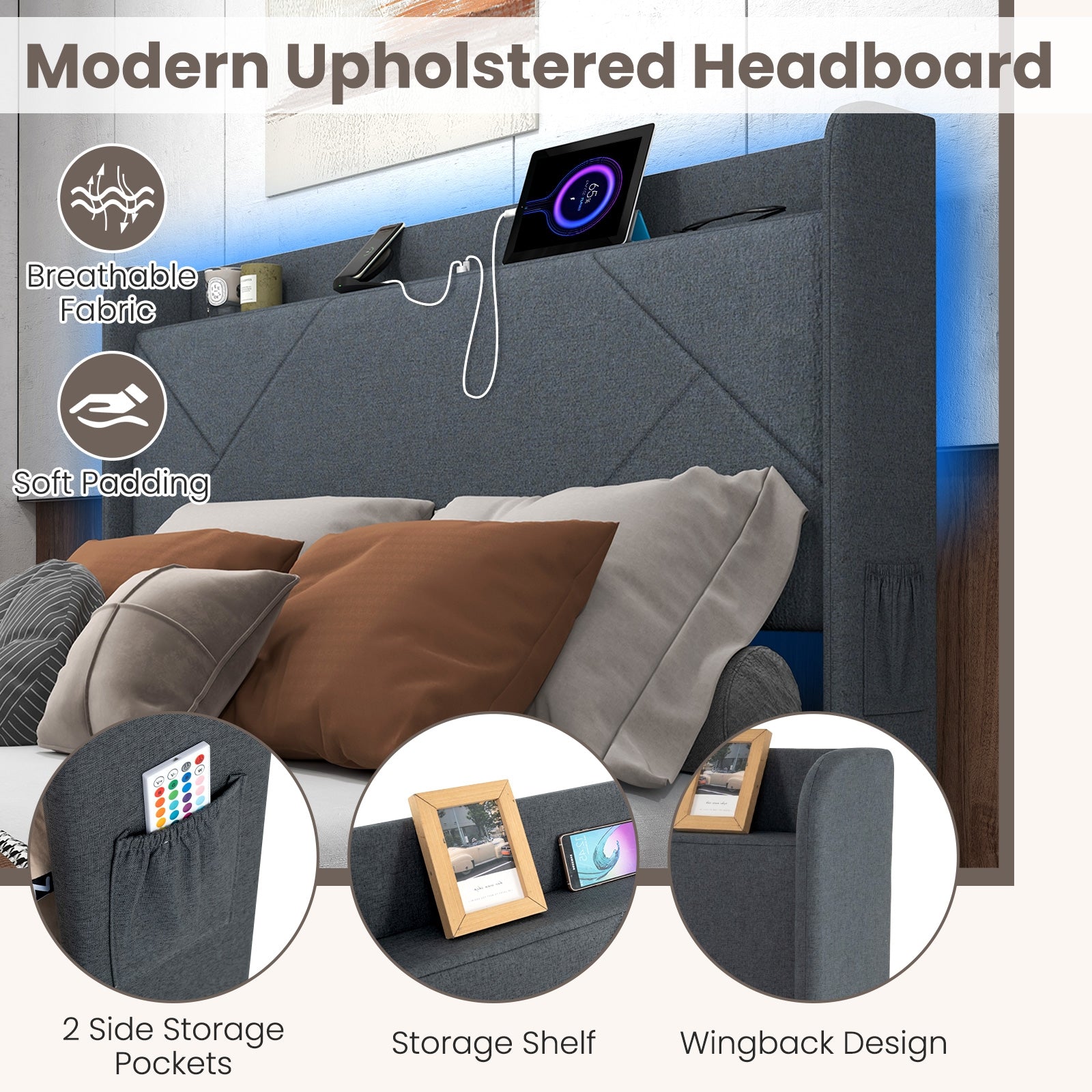 Queen Size Bed Frame With LED Lights, Charging Station, Gray Simple Bed Frame at Gallery Canada
