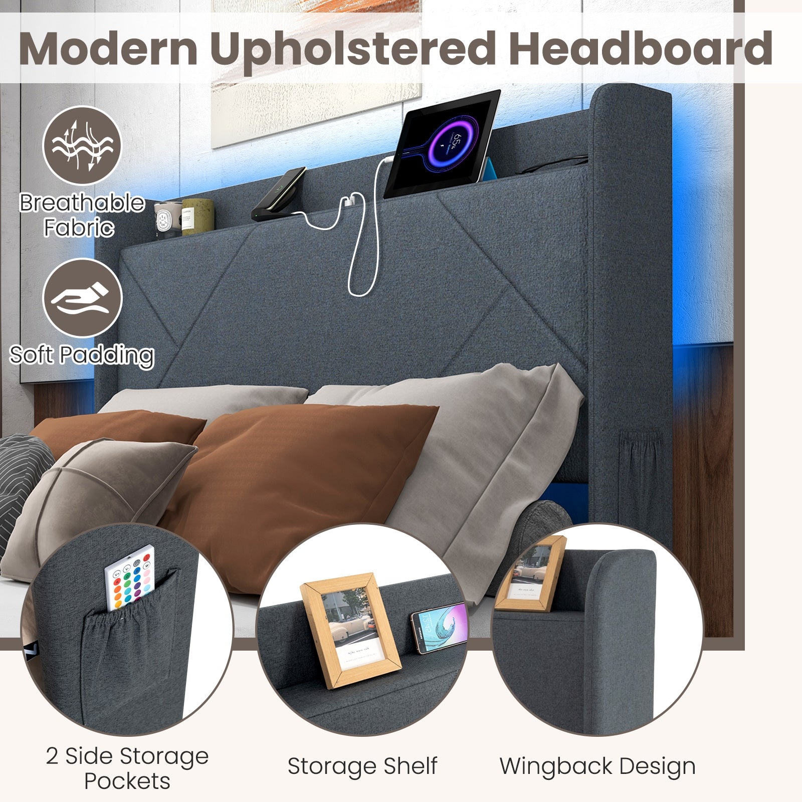 Full Size Bed Frame With LED Lights, Charging Station, Gray Simple Bed Frame at Gallery Canada