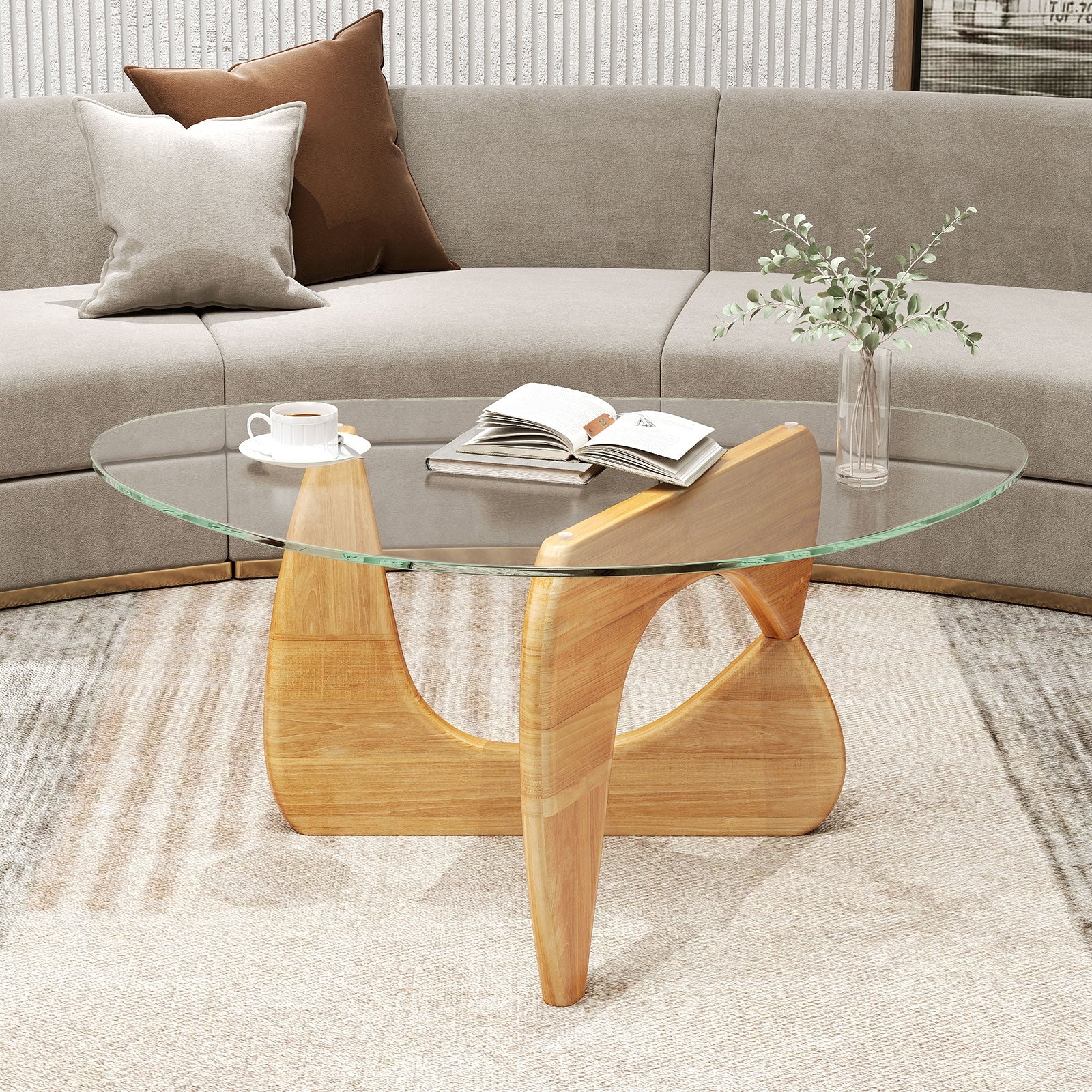 Triangle Coffee Table, Tempered Glass Top, Adjustable Rubber Wood Base, Natural Coffee Tables at Gallery Canada
