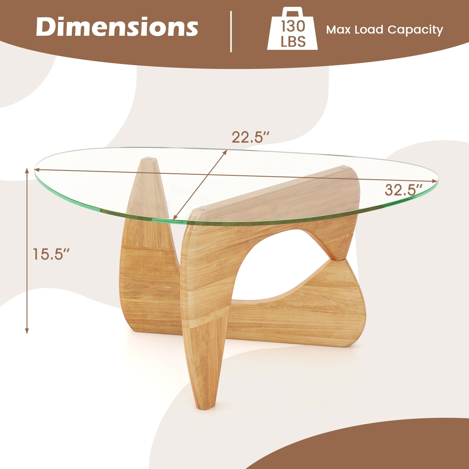 Triangle Coffee Table, Tempered Glass Top, Adjustable Rubber Wood Base, Natural Coffee Tables at Gallery Canada