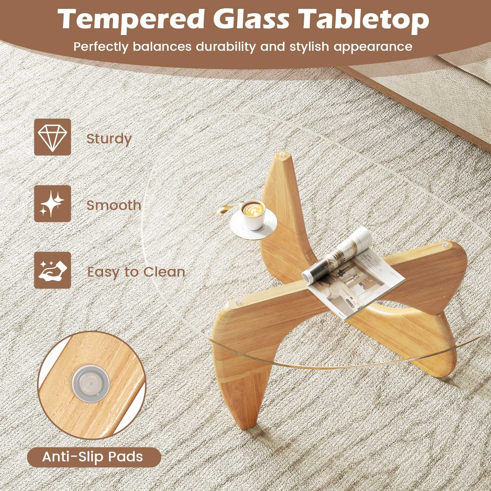 Triangle Coffee Table, Tempered Glass Top, Adjustable Rubber Wood Base, Natural Coffee Tables at Gallery Canada