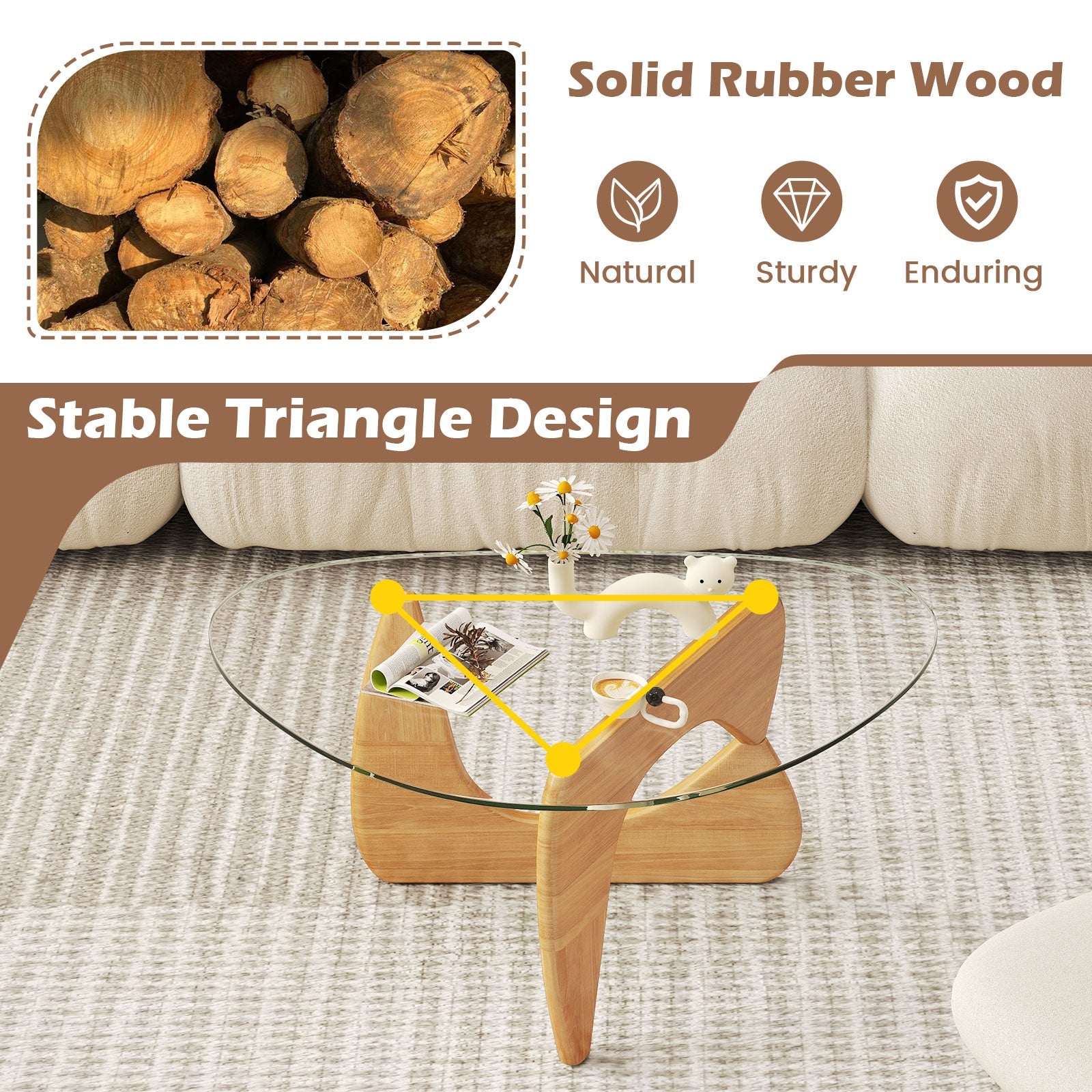 Triangle Coffee Table, Tempered Glass Top, Adjustable Rubber Wood Base, Natural Coffee Tables at Gallery Canada