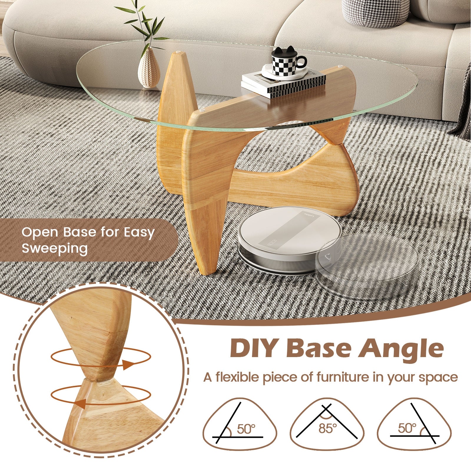 Triangle Coffee Table, Tempered Glass Top, Adjustable Rubber Wood Base, Natural Coffee Tables at Gallery Canada