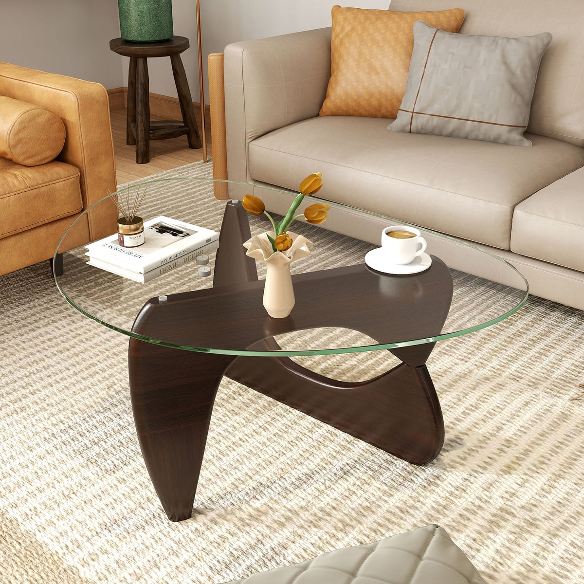 Triangle Coffee Table, Tempered Glass Top, Adjustable Rubber Wood Base, Walnut Coffee Tables at Gallery Canada