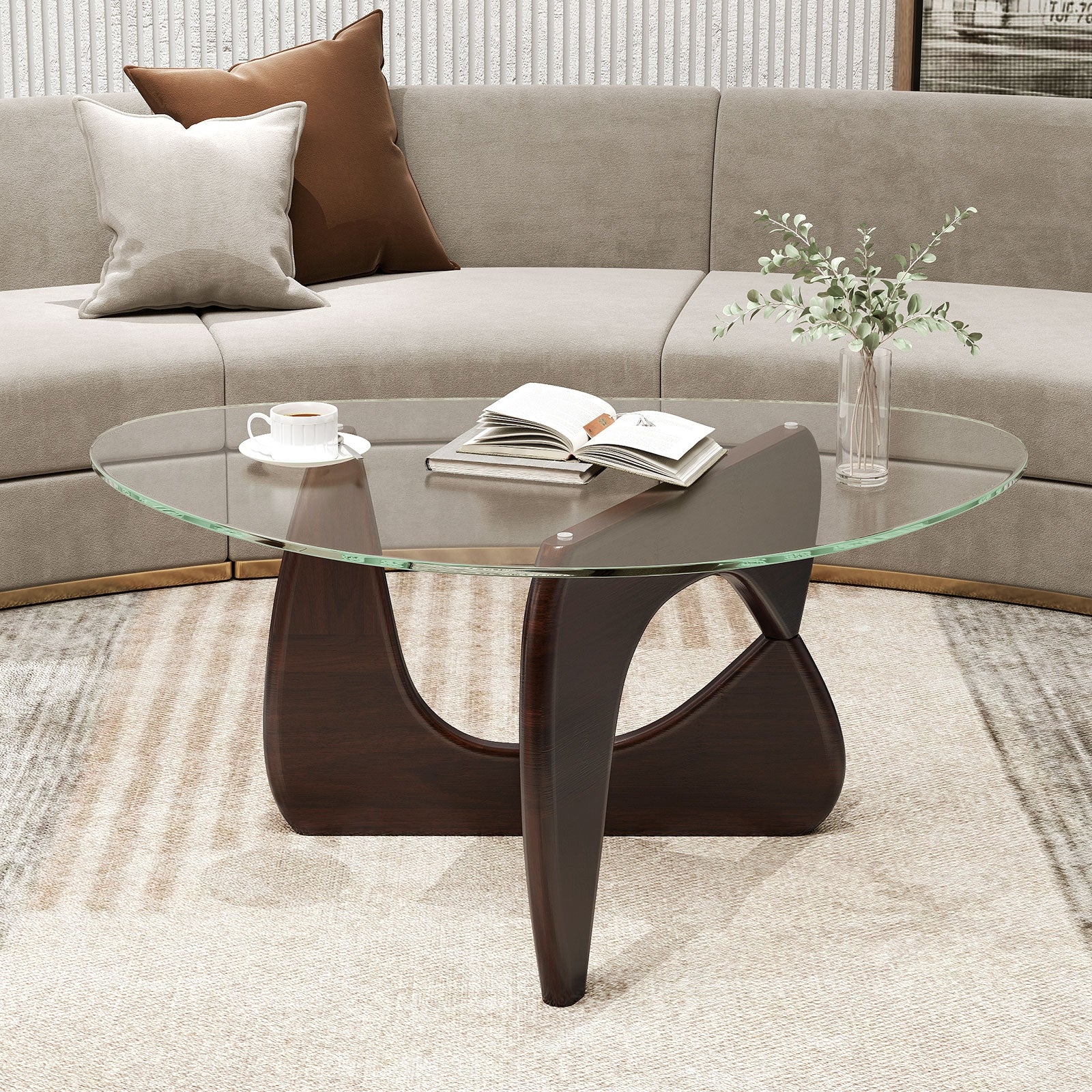 Triangle Coffee Table, Tempered Glass Top, Adjustable Rubber Wood Base, Walnut Coffee Tables at Gallery Canada