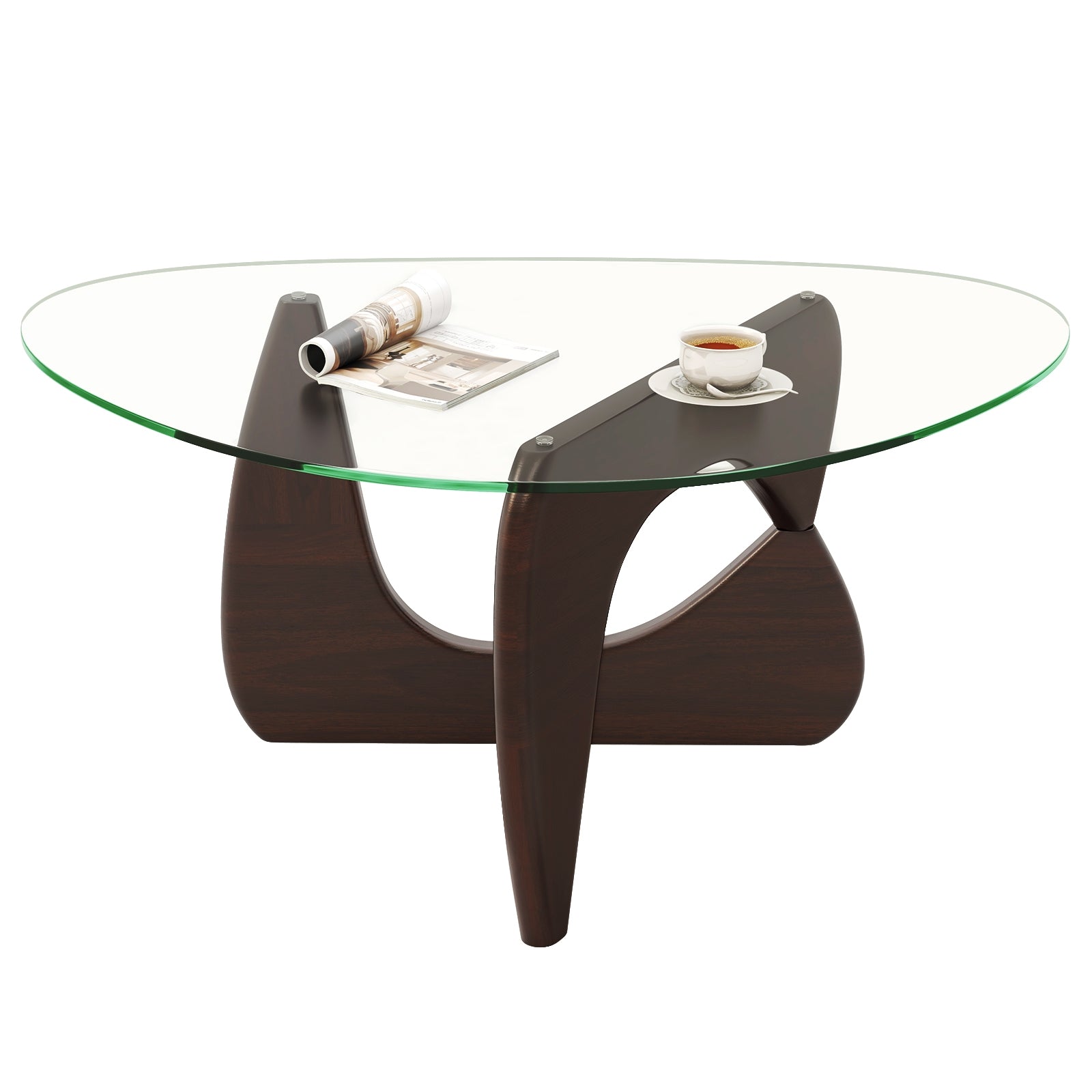 Triangle Coffee Table, Tempered Glass Top, Adjustable Rubber Wood Base, Walnut Coffee Tables at Gallery Canada