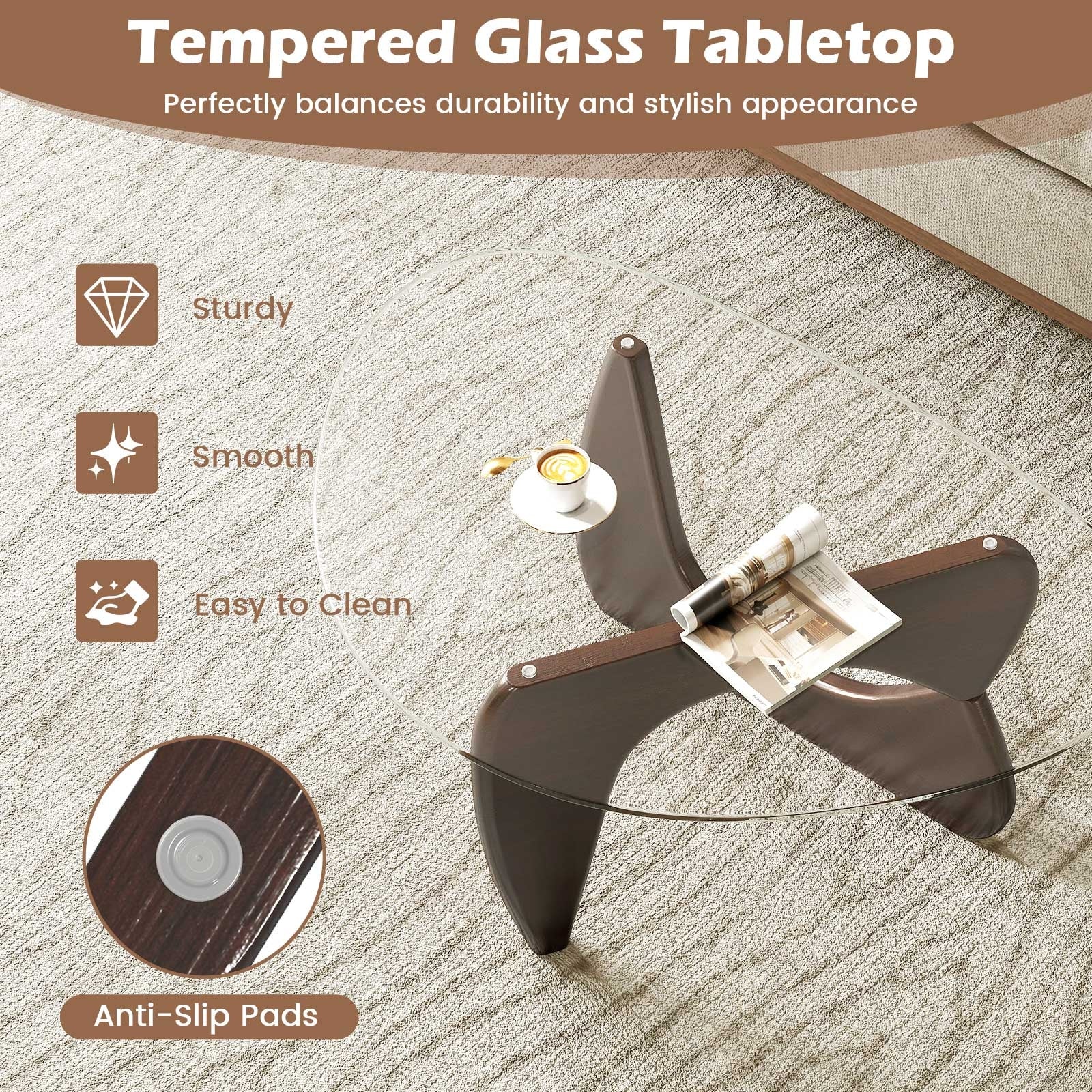 Triangle Coffee Table, Tempered Glass Top, Adjustable Rubber Wood Base, Walnut Coffee Tables at Gallery Canada