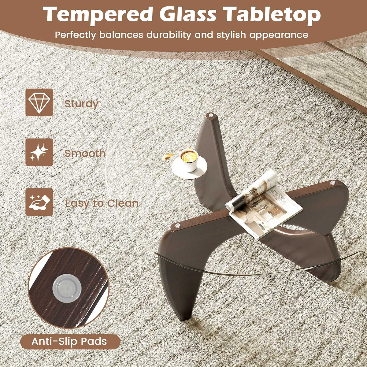 Triangle Coffee Table, Tempered Glass Top, Adjustable Rubber Wood Base, Walnut Coffee Tables at Gallery Canada