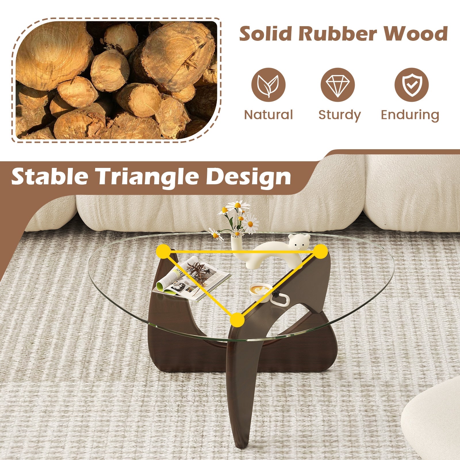 Triangle Coffee Table, Tempered Glass Top, Adjustable Rubber Wood Base, Walnut Coffee Tables at Gallery Canada